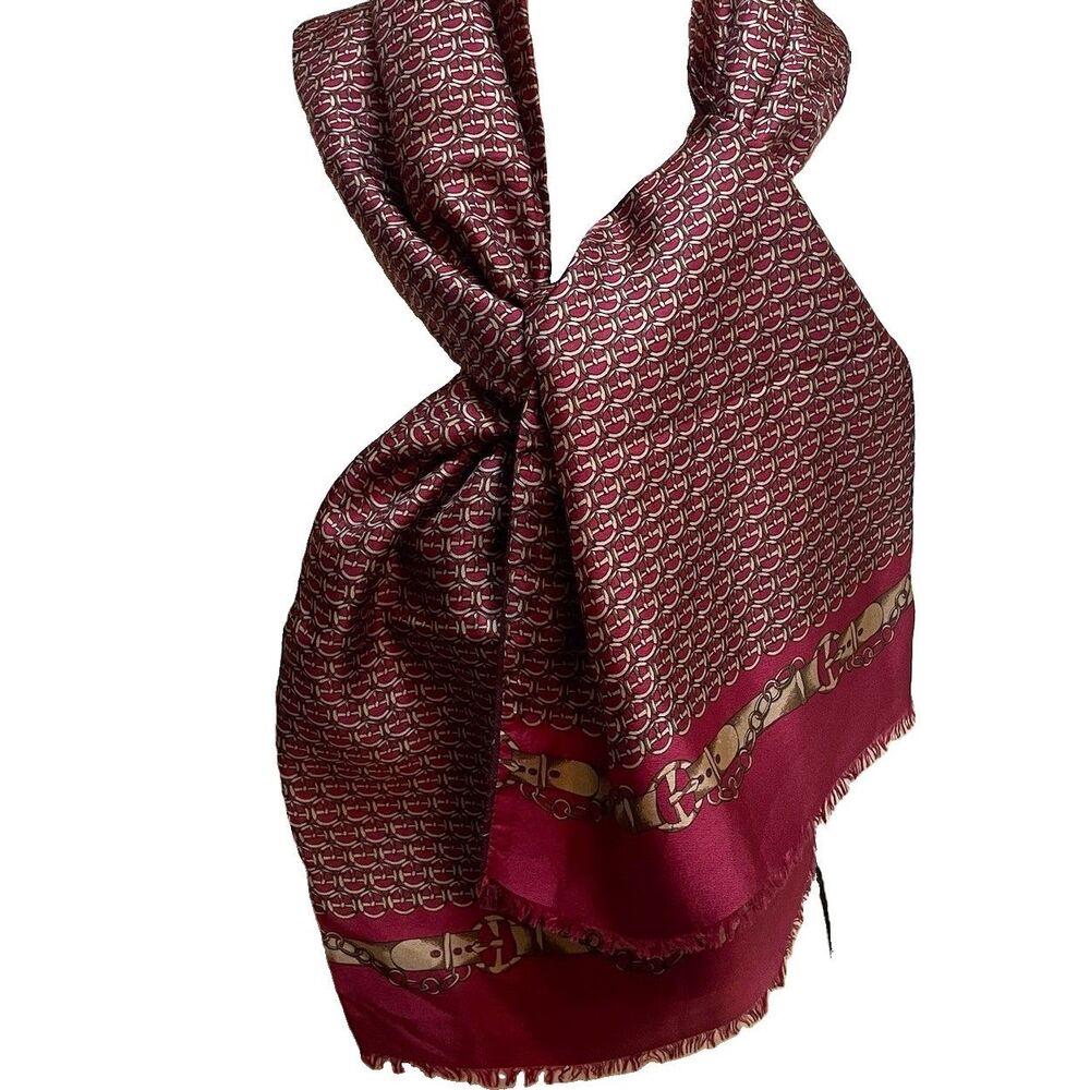 Vtg Paolo Gucci Reversible Silk Wool Scarf Burgundy Horsebit Equestrian Italy